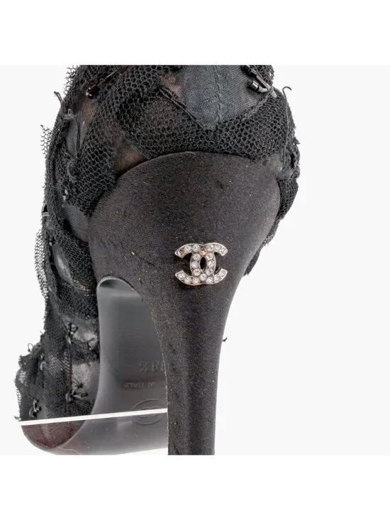 Chanel CC Bead-Embellished Pumps Black Mesh Lace Heels Size 38.5 US 7.5-8 - Picture 8 of 16
